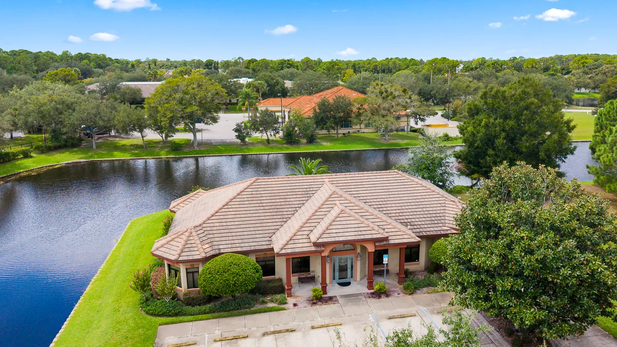 Aerial view of the office building and grounds